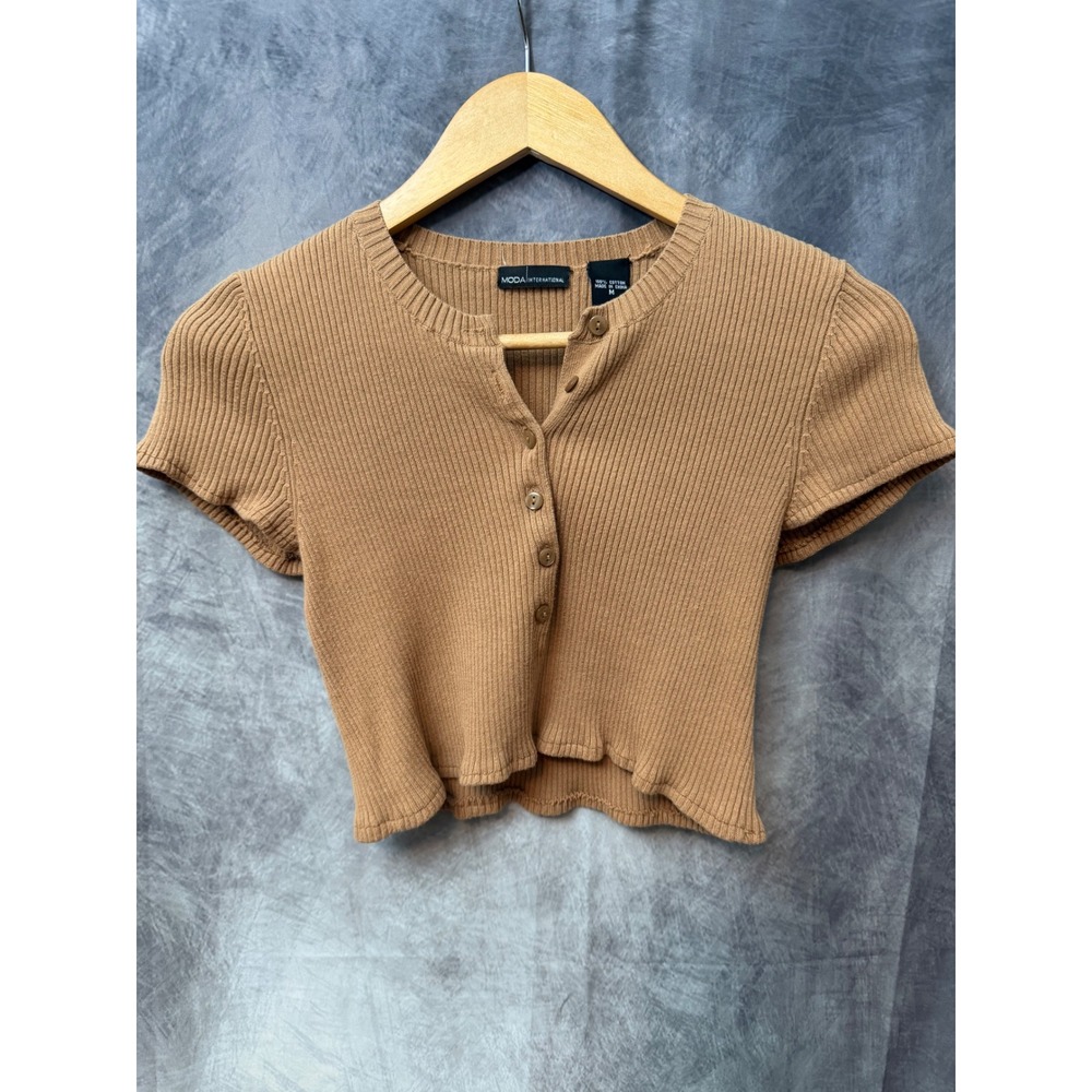 Moda International Ribbed Cotton Button Front Short Sleeve Cardigan Top Brown M